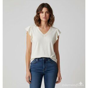 NWT New Daniel Rainn Cream Short Sleeve T-Shirt Top V-Neck Flutter Sleeve Size M